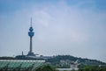 Cityscape with High mordern Tower and Paraglider