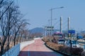 Landscape of bike path and walking trail next to roadway