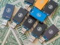 USB Bitcoin miners on top of American money Royalty Free Stock Photo