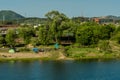 Tents set up on riverbank