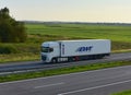 DAF truck with semi-trailer driving along highway. Goods Delivery by roads. Services and Transport logistics. Russia, Moscow, SEPT