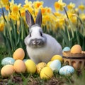 Daffodil Easter Bunny: Adorable Fluffy Friend Frolicking Amongst Springtime Blooms - Cute Bunny in a Field of Golden Daffodils