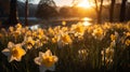 Daffodil Field Bathed in the Golden Glow of Sunlight Royalty Free Stock Photo