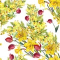 Daffodil, mimosa, tulip flowers, watercolor, pattern seamless