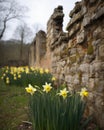 Daffodils punctuating the ruins with a delicate beauty canvassing the land with their yellow heads and white petals Royalty Free Stock Photo