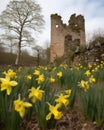 Daffodils punctuating the ruins with a delicate beauty canvassing the land with their yellow heads and white petals Royalty Free Stock Photo