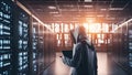 dagerous hacker stealing data inside a server room