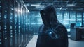 dagerous hacker stealing data inside a server room