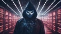 dagerous hacker stealing data inside a server room