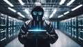 dagerous hacker stealing data inside a server room