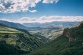 Dagestan traditional highland village Danukh with green terraces in Caucasus Mountains. Rural mountain scenery in Russia Royalty Free Stock Photo