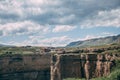 Dagestan traditional highland village Danukh with green terraces in Caucasus Mountains. Rural mountain scenery in Russia Royalty Free Stock Photo