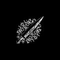 Dagger dotwork tattoo with dots shading, depth illusion, tippling tattoo. Hand drawing white emblem on black background