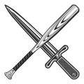 Dagger gangster knife with baseball bat club emblem design elements template in vintage monochrome style isolated vector