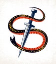Dagger kills a Snake, defeated Serpent wraps around a sword vector vintage tattoo, Life is a Fight concept, allegorical logo or
