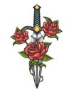 Dagger Knife and Rose Flowers Drawn in Tattoo Style Royalty Free Stock Photo