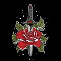 Dagger with rose drawing. T-shirts design in the style of a traditional tattoo.