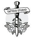 Dagger with roses and ribbon tattoo studio graphic Royalty Free Stock Photo