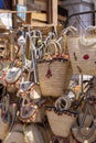 Oriental, natural, hand woven decorative bags in shop on main promenade in town on the Red Sea on the Sinai Peninsula, Dahab,