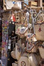 Oriental, natural, hand woven decorative bags in shop on main promenade in town on the Red Sea on the Sinai Peninsula, Dahab,