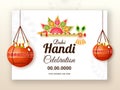 Dahi Handi celebration design decorated with hanging brown pots, beautiful golden flute on white ornamental background.