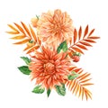 Dahlia and autumn orange leaves. Flower bouquet isolated on white background. Watercolor hand drawing flora design Royalty Free Stock Photo