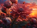 Dahlia flower in the garden at sunset. Nature background.