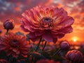 Dahlia flower in the garden at sunset. Nature background.