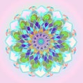 DAHLIA FLOWER MANDALA. PLAIN SOFT PINK BACKGROUND. PASTEL COLORS PALLET DESIGN IN PINK, LIGHT BLUE, BLUE, VIOLET