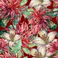 Dahlia and lily flowers painting in watercolor. Seamless pattern for decor. Royalty Free Stock Photo