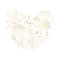 Decorative heart with garden flowers. Exotic golden line plants, leaves and buds.