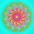 DAHLIA MANDALA FLOWER. PLAIN AQUAMARINE BACKGROUND. COLORFUL DESIGN. VINTAGE STYLE. CENTRAL LINEAR DESIGN IN GOLD, GREEN, PURPLE,