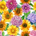 Dahlias, hydrangeas and sunflowers, watercolor floral seamless pattern. Spring flowers and leaves Royalty Free Stock Photo