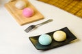 Daifukumochi, or Daifuku, is a Japanese confection consisting of a small round mochi stuffed with sweet filling, Japanese Royalty Free Stock Photo