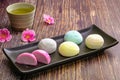 Daifukumochi, or Daifuku, is a Japanese confection consisting of a small round mochi stuffed with sweet filling, Japanese Royalty Free Stock Photo