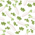 Daikon white radish with green leaves and lettuce seamless pattern flat vector illustration on white background