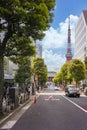 Daimon street leading to Buddhist Zojoji temple with Tokyo tower in background. Royalty Free Stock Photo