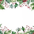 Dainty Watercolor Holly and Ivy Border with Red Berries and Green Leaves on White Background AI Generated Royalty Free Stock Photo