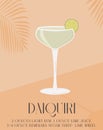 Daiquiri Cocktail in martini glass garnished with lime slice. Retro print of summer aperitif recipe. Wall art minimal