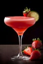 The Daiquiri in glass on a table, Spanish cocktail with strawberry and lime. Dark background. Refreshing alcoholic drink close-up Royalty Free Stock Photo