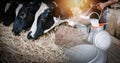 Dairy Cattle and Farming Industry Concept, Farmer Pouring Raw Milk into Container in Cattle Farm. Double Exposure Images of Farmer