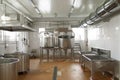 Dairy cheese factory interior with industrial appliances. Milk pasteurization, tank, bath and pipes Royalty Free Stock Photo