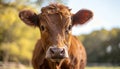 Dairy cow standing in grassy field, gazing at camera in natural landscape Royalty Free Stock Photo