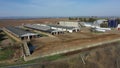 Dairy cows cowshed feeding barn dron aerial video shot, Holstein Friesian cattle breed milk, cow eat corn silage feed Royalty Free Stock Photo