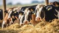 Dairy cows eating hay at cattle farm. Dairy cow. Generative Ai Royalty Free Stock Photo