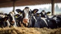 Dairy cows eating hay at cattle farm. Dairy cow. Generative Ai Royalty Free Stock Photo