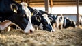 Dairy cows eating hay at cattle farm. Dairy cow. Generative Ai Royalty Free Stock Photo