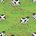 Dairy cows standing on the ground against the background of fields. Cute seamless pattern