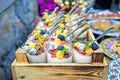 Dairy dessert pudding sweets yogurt with fresh fruits and berries in a glass. Sweets buffet Royalty Free Stock Photo