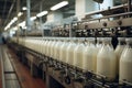 Dairy factory, conveyor with milk bottles